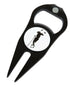 The Grunk Divot Tool by Grunk Dolfer is a black metal tool with two prongs, a magnetized ball marker at the top, and a center emblem featuring a golfer’s silhouette mid-swing.
