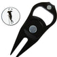 The Grunk Dolfer Grunk Divot Tool is a black, two-prong tool with a magnetic center for its golfer-silhouette ball marker and an integrated bottle opener for convenience on the course.