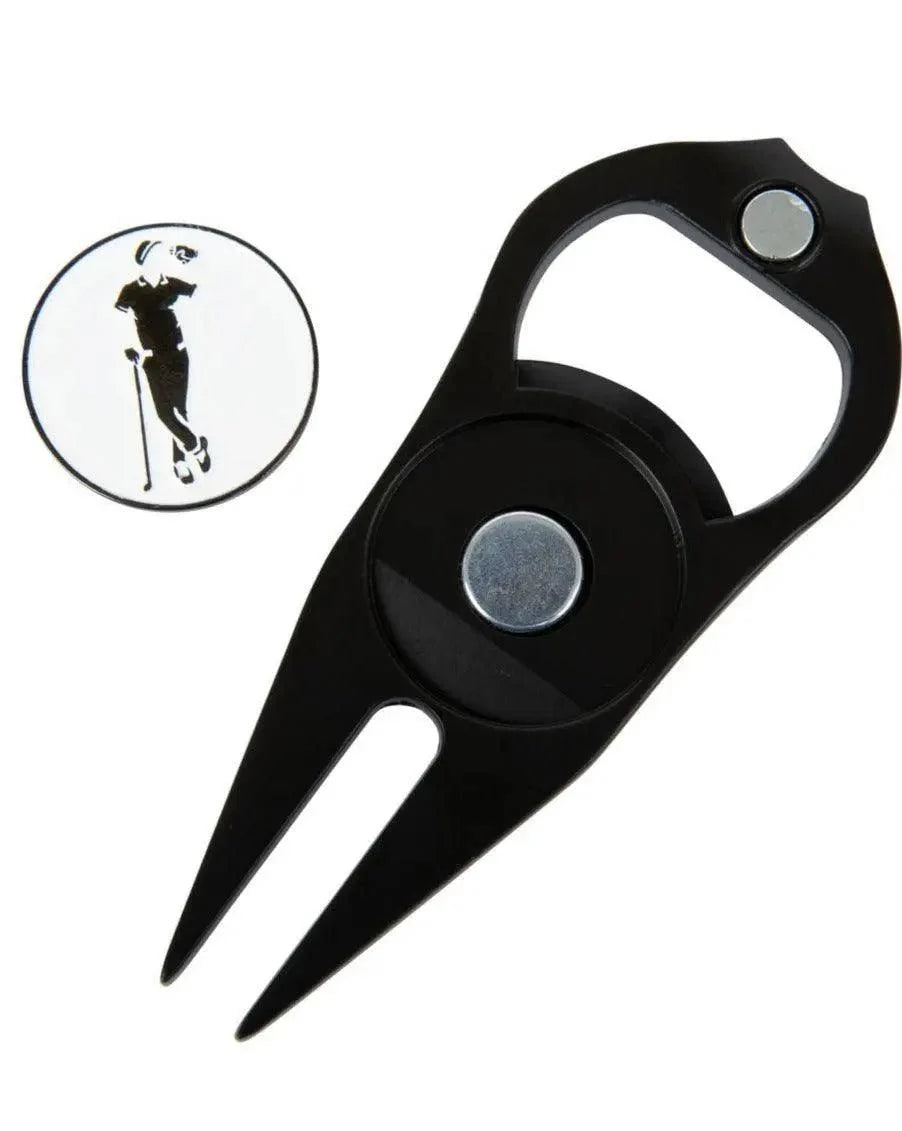 The Grunk Dolfer Grunk Divot Tool is a black, two-prong tool with a magnetic center for its golfer-silhouette ball marker and an integrated bottle opener for convenience on the course.