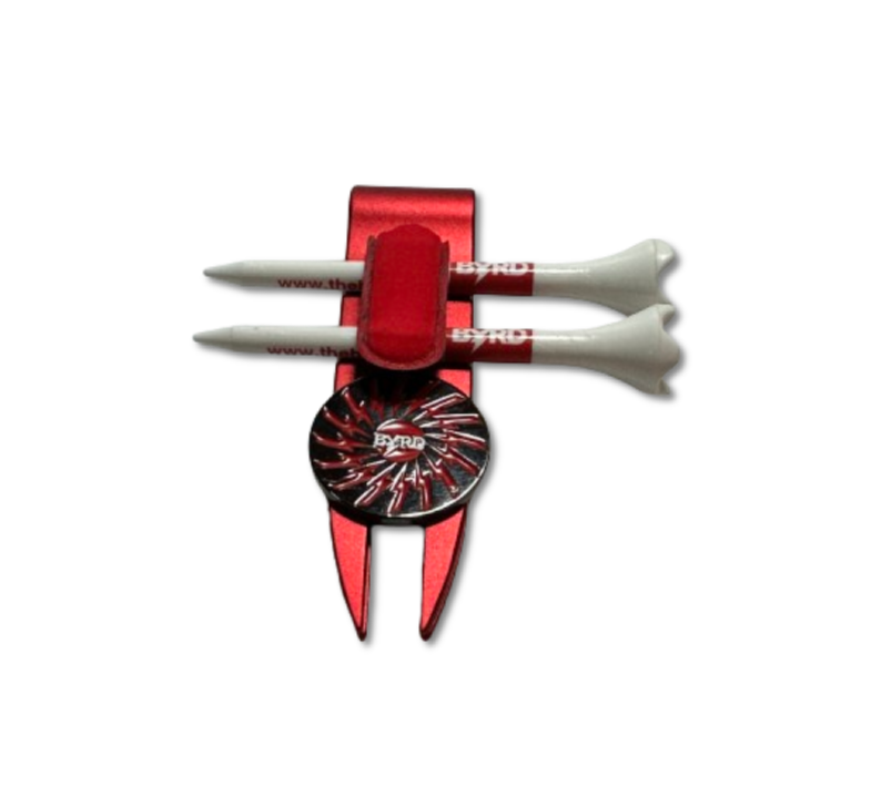 The Byrd Golf Divot Clyp by The Byrd, LLC is the only golf tool that organizes gear—features a red repair tool, black and white ball marker, and two clipped white tees. HOT PRODUCT—grab yours while supplies last!.